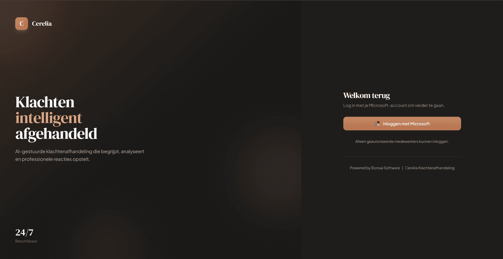 Cerelia Klachten AI, login screen