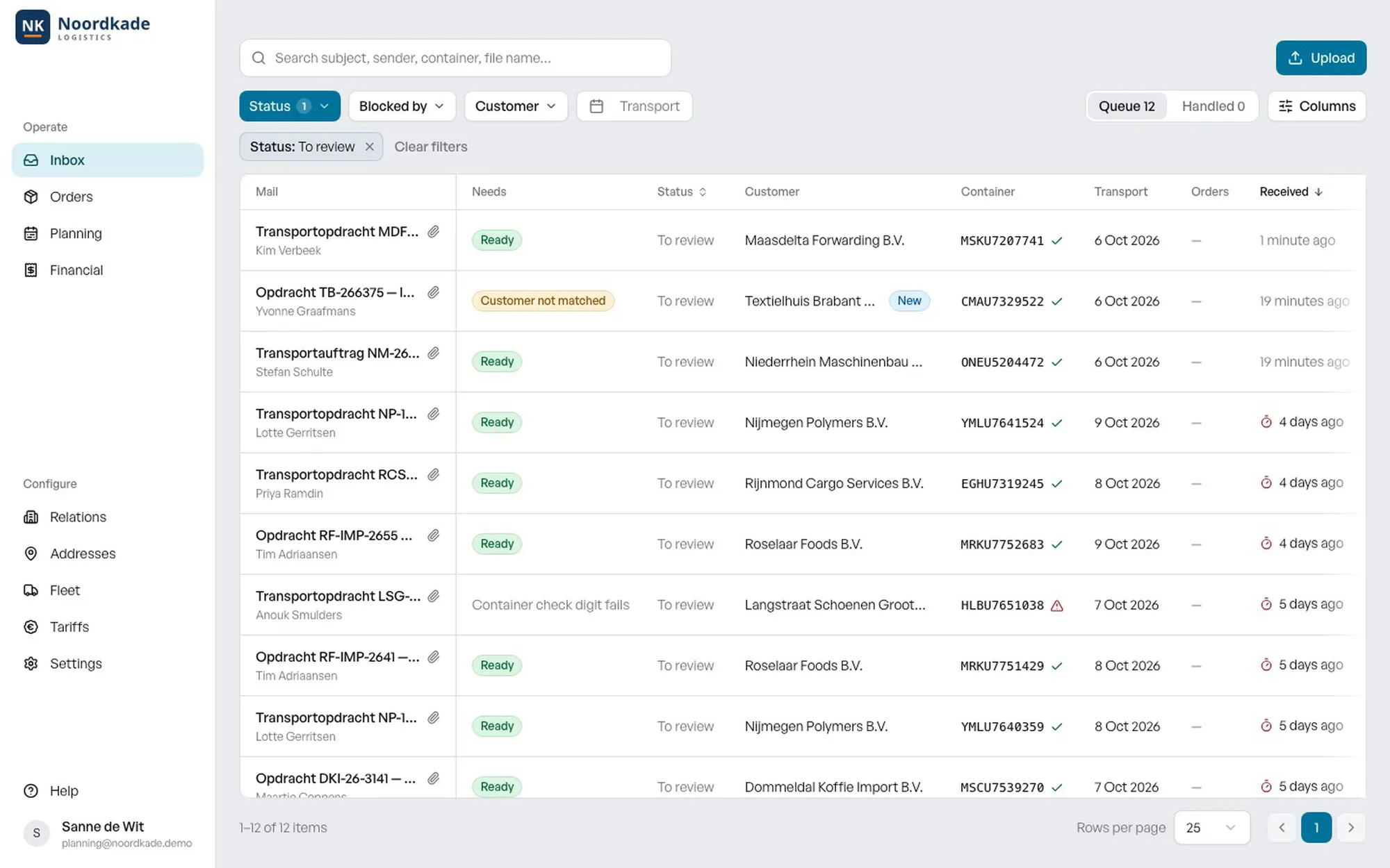 Samurai TMS inbox with the queue of transport orders from email, each with customer, container number, transport date and status