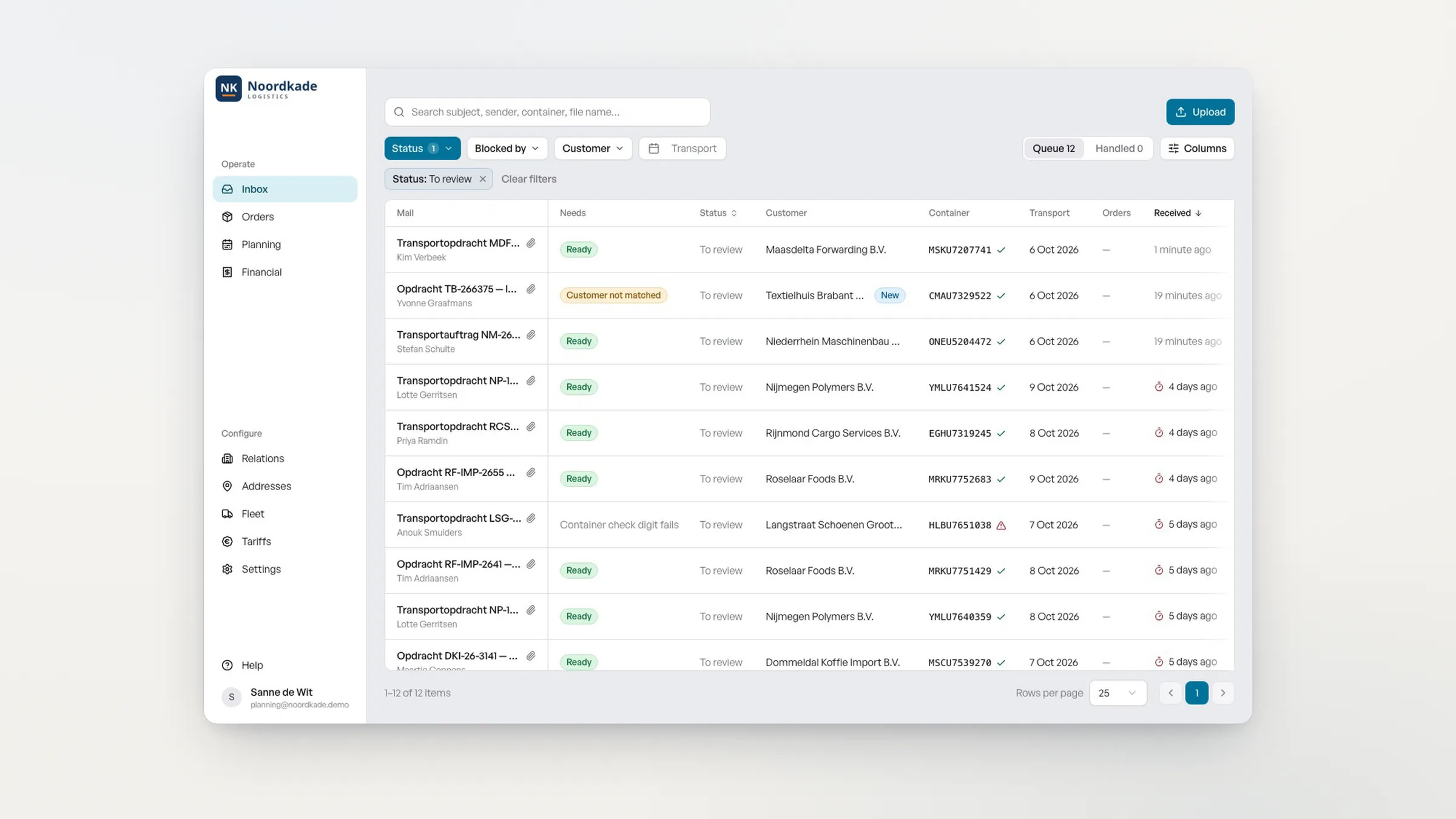 Samurai TMS inbox with the queue of transport orders from email, each with customer, container number, transport date and status