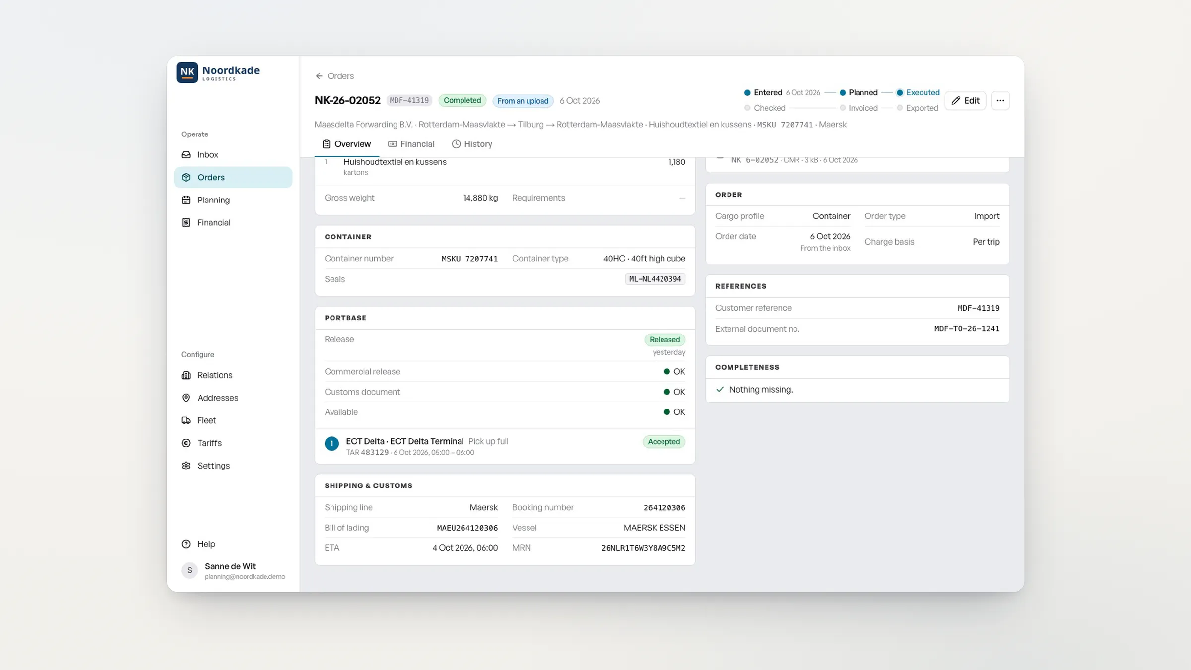 Order in Samurai TMS with the Portbase status: release, commercial release, customs document and an accepted TAR at the terminal