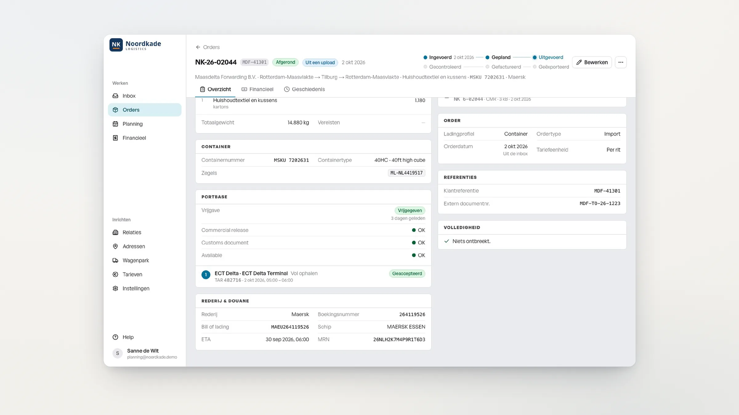 Order in Samurai TMS met de Portbase-status: vrijgave, commercial release, customs document en een geaccepteerde TAR bij de terminal