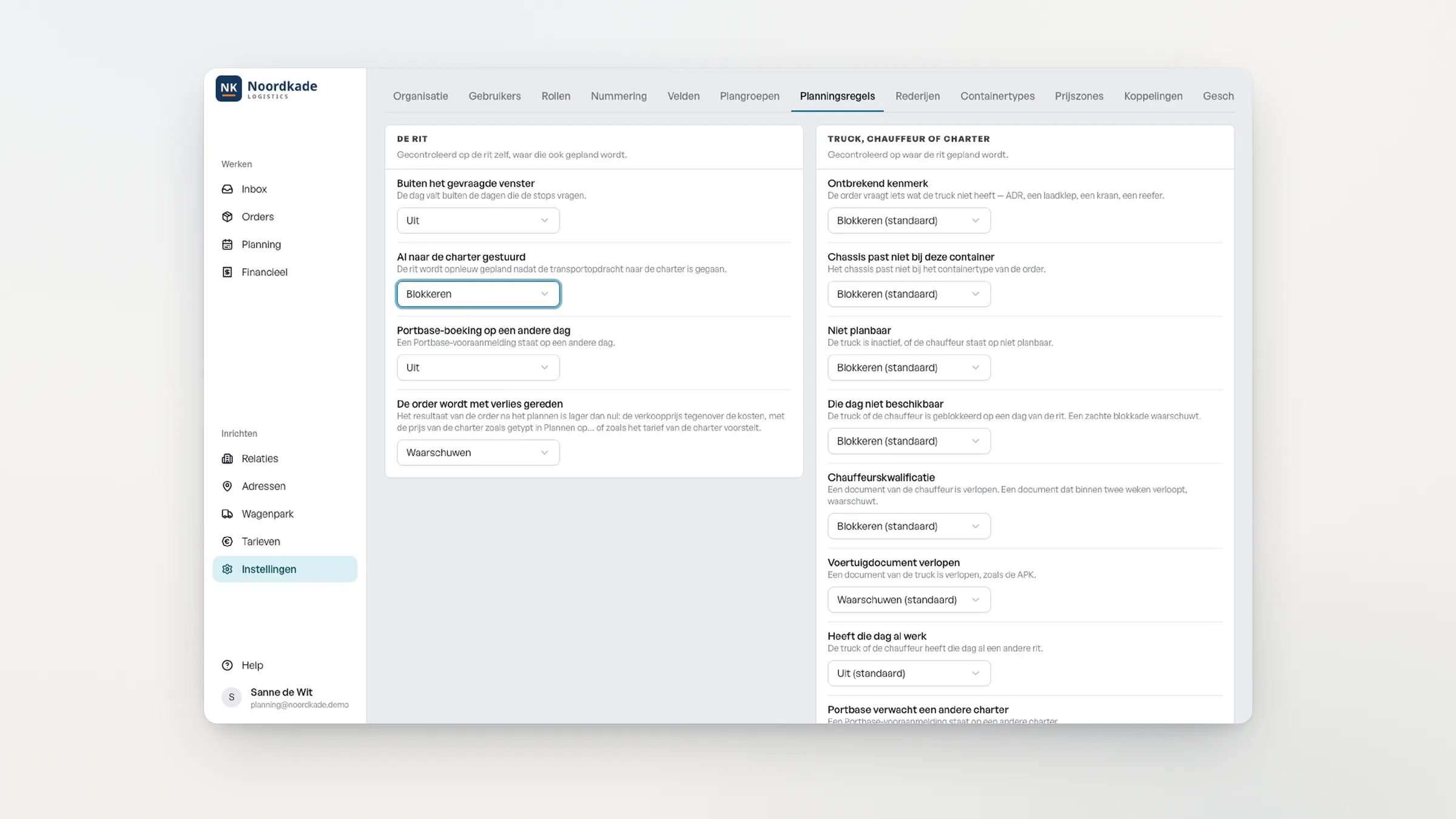 Planningsregels in Samurai TMS, per regel ingesteld op blokkeren, waarschuwen of uit